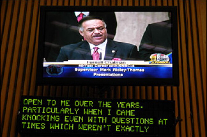 Furnell Chatman honored by the LA County Board of Supervisors after 35 years at KNBC, the TV mainstay's image and words captured on a closed-circuit broadcast.