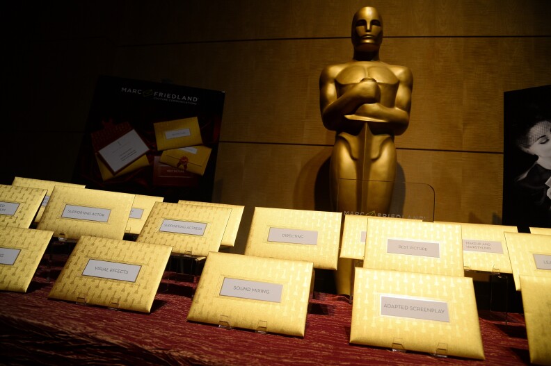 Announcement cards and envelopes by designer Marc Friedland which are used by presenters at the Oscars to announce winners are on display at the food and decor preview Feb. 4, 2015 of this years Governors Ball, the post-Oscar celebration which follows the 87th Oscars ceremony on Feb. 22 in Hollywood.