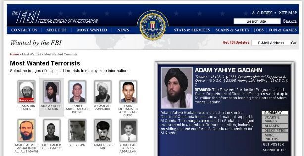 Screenshot of the FBI's most wanted terrorist list with information on Adam Gadahn and several other suspected terrorists.
