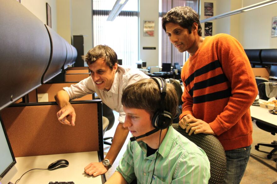 Researchers at Signal Analysis Interpretation Lab at USC test out their drunk speech detector. Clockwise from top: Shri Narayanan, Daniel Bone and Matt Black.