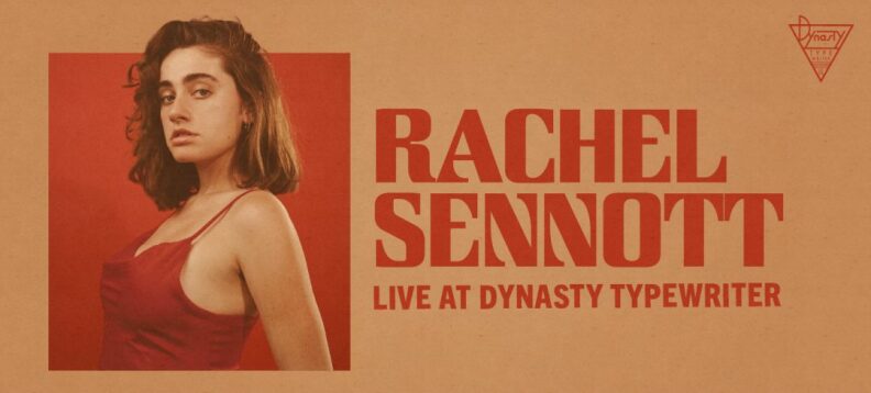 Light orange poster with a photo of comedienne Rachel Sennott in a red shirt.