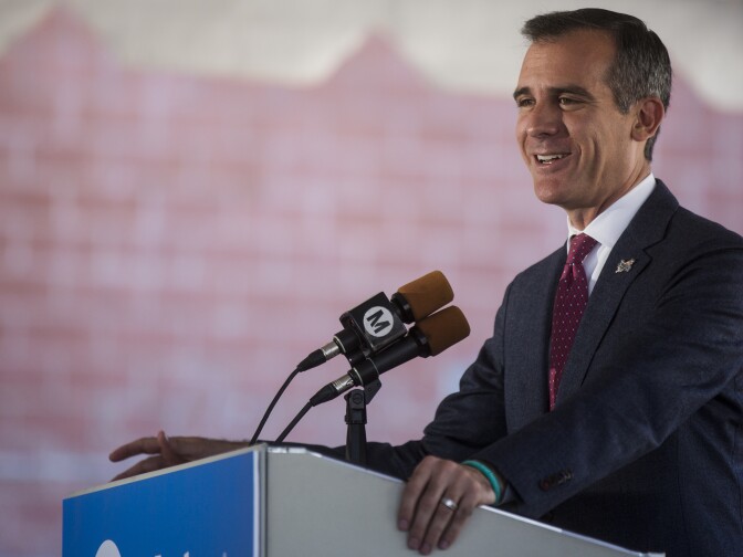 Mayor Eric Garcetti speaks during the naming ceremony in Little Tokyo on Wednesday morning, Oct. 29, 2016 for the tunnel boring machine that will dig the Regional Connector Transit Project.