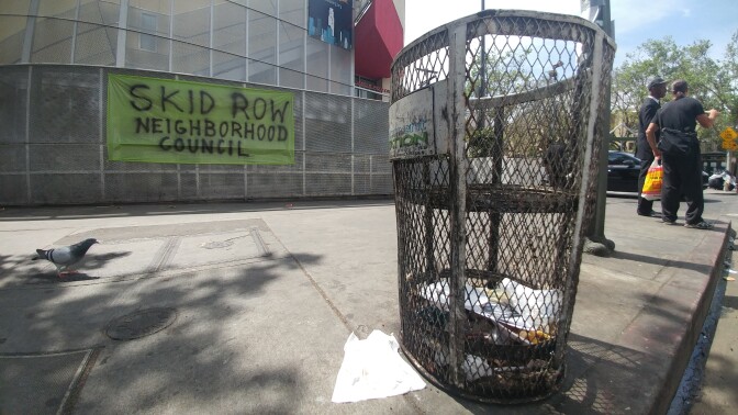 A banner supporting the Skid Row Neighborhood Council hangs outside the James M. Wood Community Center on Thursday, April 6, 2017. 