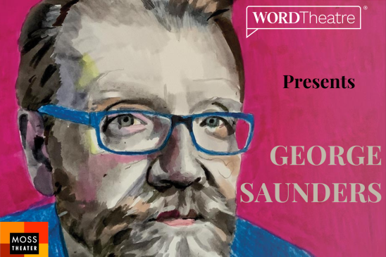 A poster for the An Evening with George Saunders and his Stories" event. Saunders is represented by a painting of his face, featuring blue glasses.