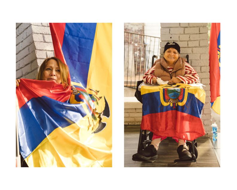 In side-by-side pictures two people are draped in a yellow, blue and red flag