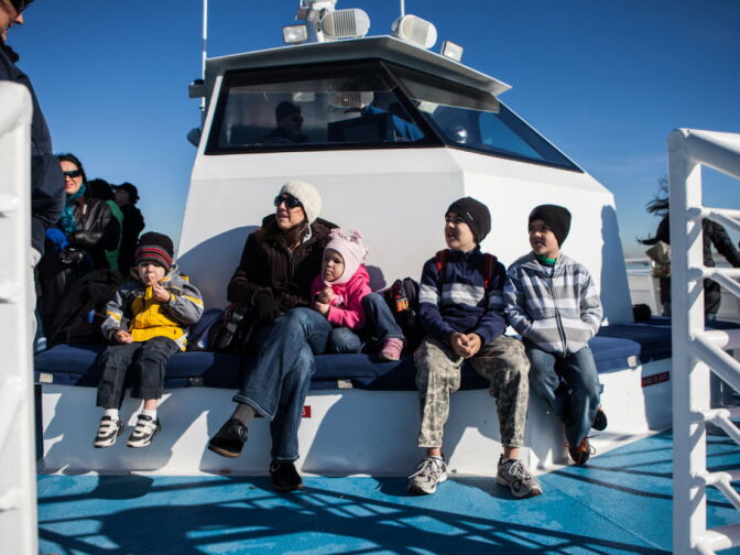 A family listens to marine biologists explain the rarity of the fin whales, which are the second largest mammal on the planet.