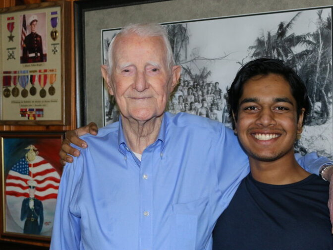 Rishi Sharma with R.V. Burgin. Burgin, a WWII Marine, saw heavy combat.