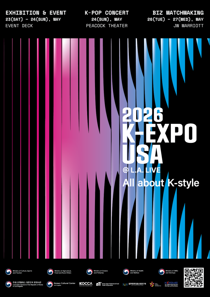 A black, pink and blue poster that reads "2026 K-Expo USA at L.A. Live All About K-style." 
