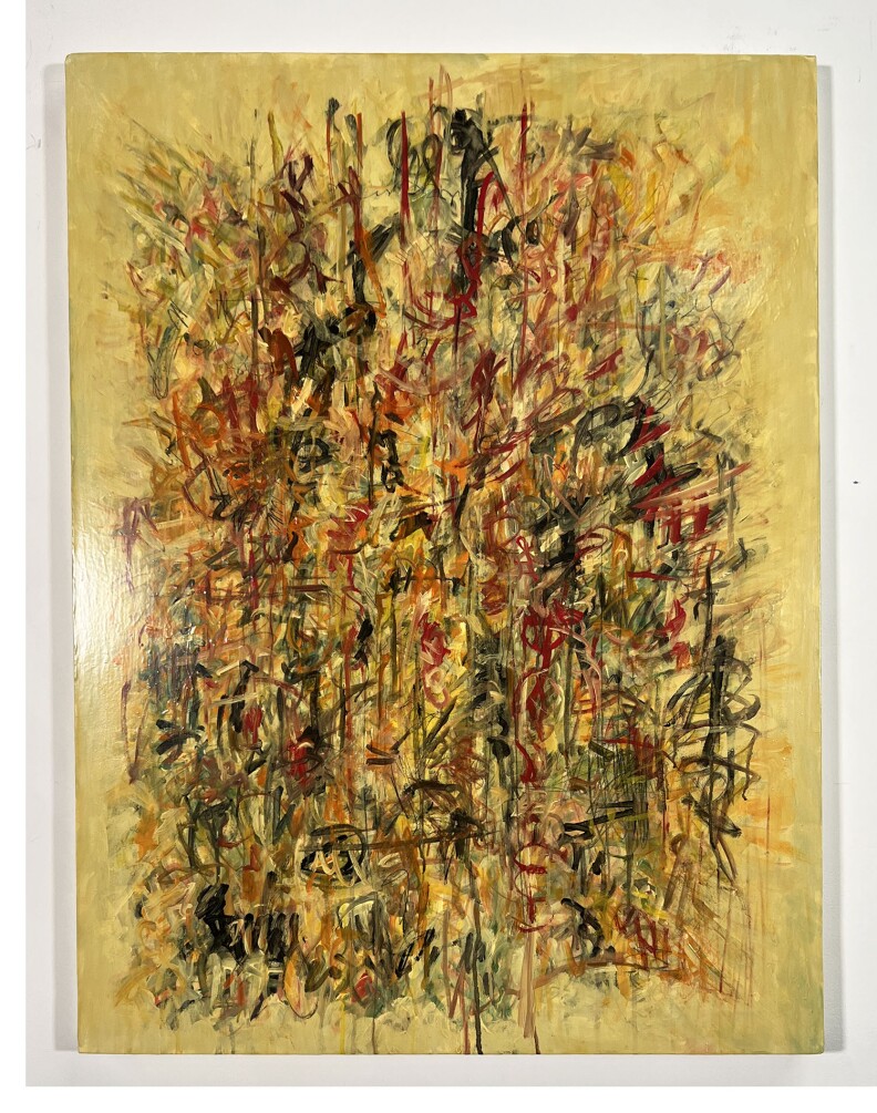 A painting on a dark off-white/subtly yellowish background, with lines in red, orange, and black squiggles dominating, layered over one another.