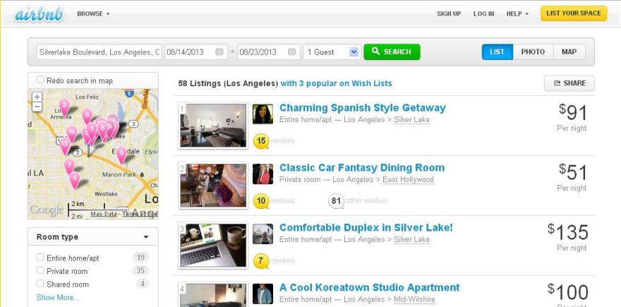 Listings on Airbnb for Los Angeles 