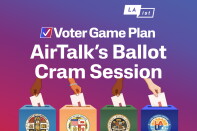 A graphic titled "Voter Game Plan: AirTalk's Ballot Cram Session" featuring the LAist logo in the top right corner. The illustration shows four diverse hands dropping paper ballots into four colorful ballot boxes arranged in a row. Each box features a different official seal: the County of Los Angeles, the City of Los Angeles, the California State Assembly, and the Los Angeles Unified School District.