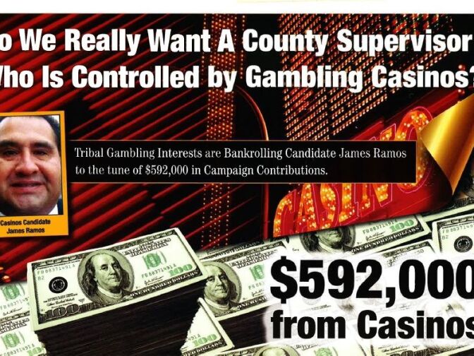 Anti-James Ramos campaign mailer sent by rival San Bernardino County supervisor Neil Derry. 