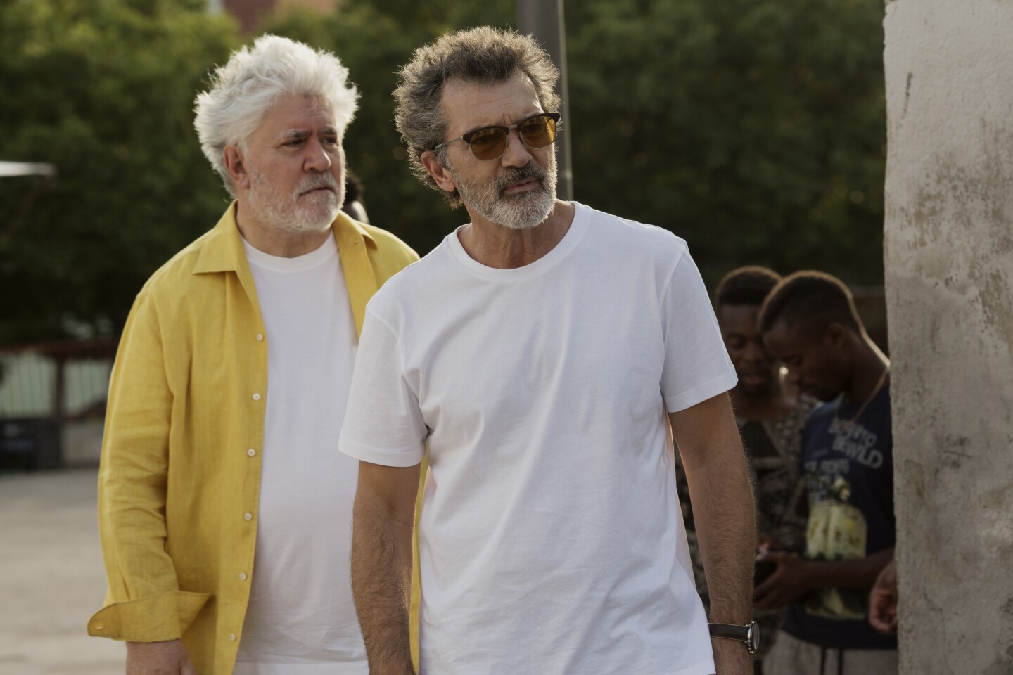 Pedro Almodóvar, left, has made the autobiographical movie, "Pain and Glory," in which the filmmaker character is played by Antonio Banderas.