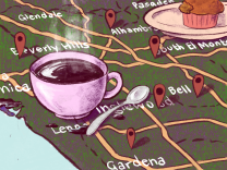 An illustration of a steaming coffee cup, spoon and muffin on a map of Los Angeles.