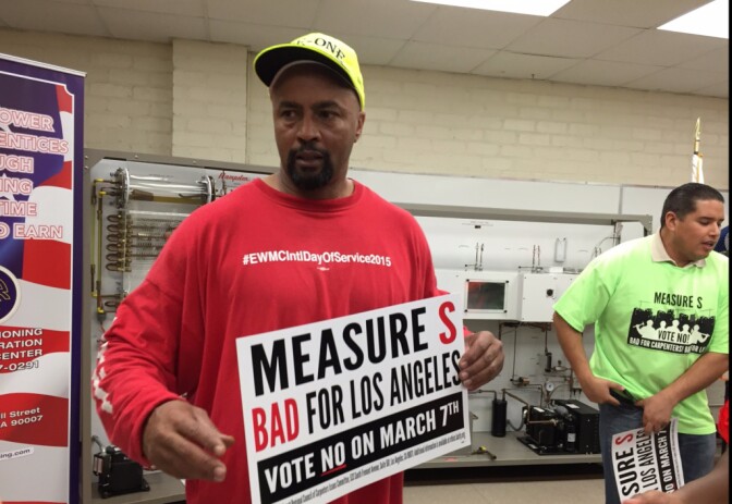 Charles Slay, a second-year electrician's apprentice, predicts the passage of Measure S would destroy the livelihood for thousands of construction workers. 