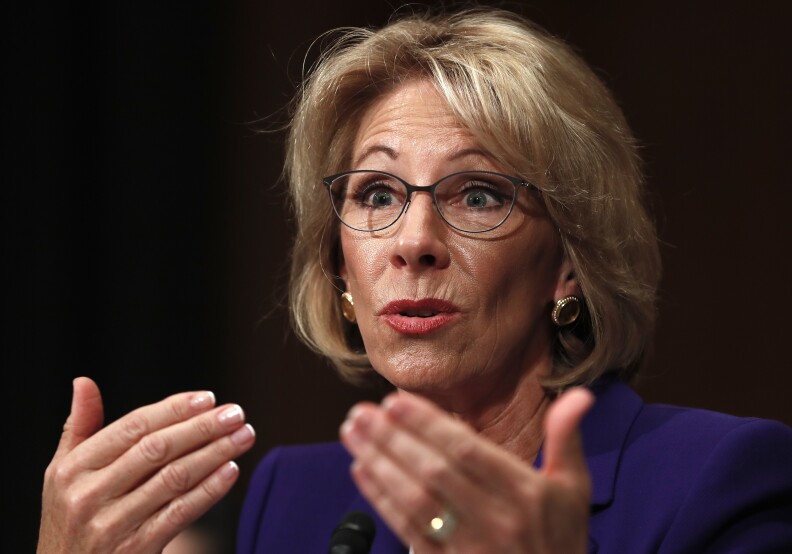 FILE - In this Jan. 17, 2017, file photo, Education Secretary-nominee Betsy DeVos testifies on Capitol Hill in Washington. Republicans are muscling more of President Donald Trump’s Cabinet nominees to the cusp of Senate confirmation over Democratic objections, with committees poised to advance his picks to head agencies in the thick of partisan battles over health care, legal protections, education and the economy. (AP Photo/Carolyn Kaster, File)