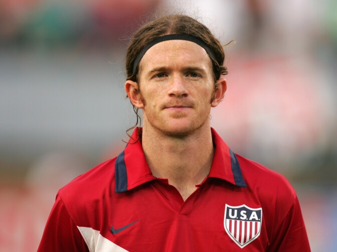 Midfielder John O'Brien #5 of the USA stands for the lineup before the game against Latvia at Rentschler Field on May 28, 2006 in East Hartford, Connecticut. USA won 1-0. 