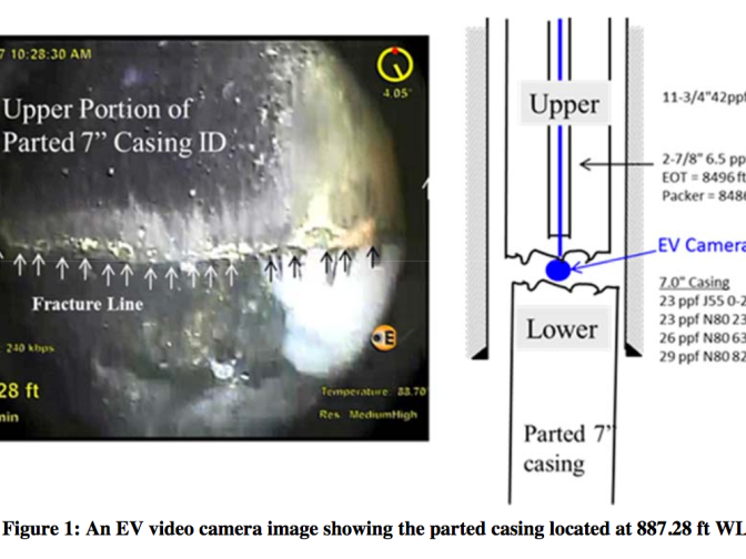 A tiny camera captured a view of the inside of a ruptured gas well casing. 