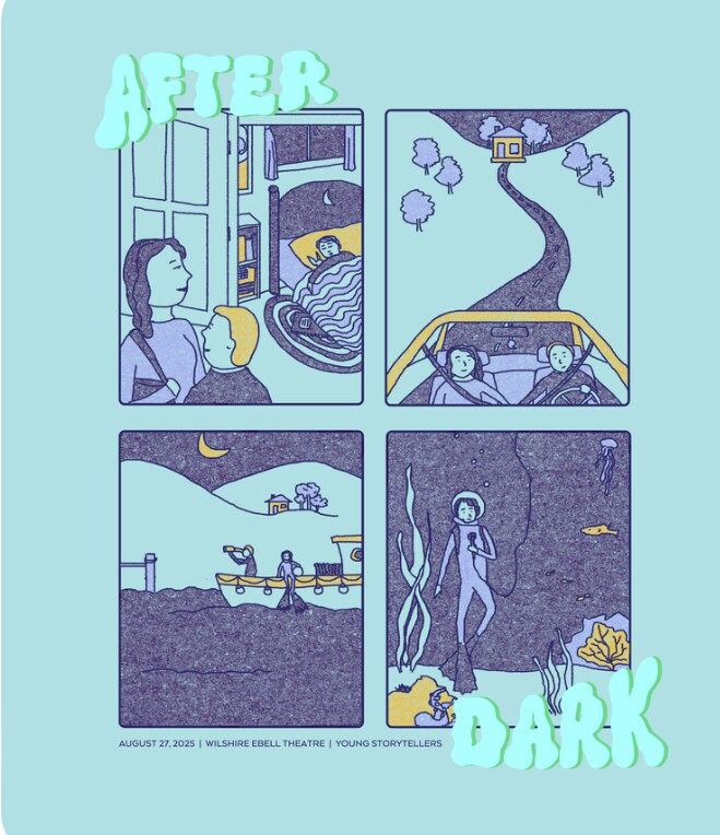 A light blue poster with a four grid comic block promoting the After Dark event.
