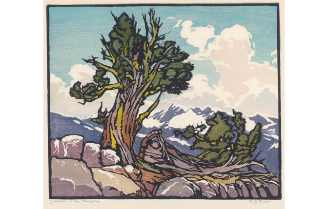 Guardian of the Timberline, ca. 1924. Block printed in colors on paper, 12 ⅛ x 14 ⅜ inches. Collection of Roberta Rice Treseder. 