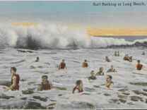 Early 20th century post card shows large waves and active beach culture in Long Beach.