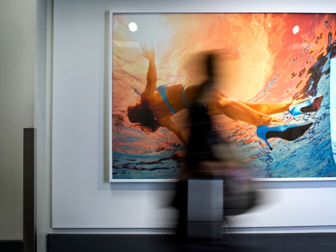 Two images from Jill Greenberg's series of professional synchronized swimmers in stilettos are included in the "Welcome to L.A. / Please Come Again" exhibit at Los Angeles International Airport.