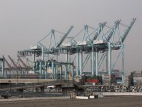 Trucks and ships remain idle at the APM Terminals at the Port of Los Angeles as a result of the clerical workers strike.