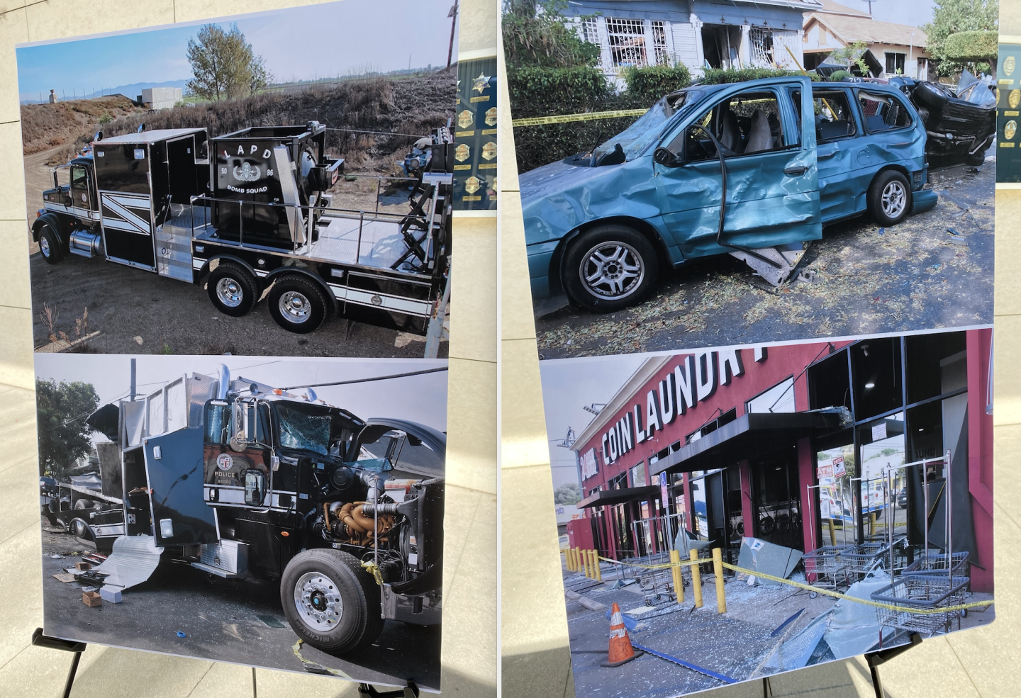 Photos displayed at LAPD press conference on the preliminary findings of investigation into botched fireworks detonation: (L) The damage to total containment vessel is seen with before and after photos. The after photo shows a destroyed truck (R) Some of the damage from fireworks detonation to surrounding community. A destroyed van and a damaged coin laundry business are pictured.