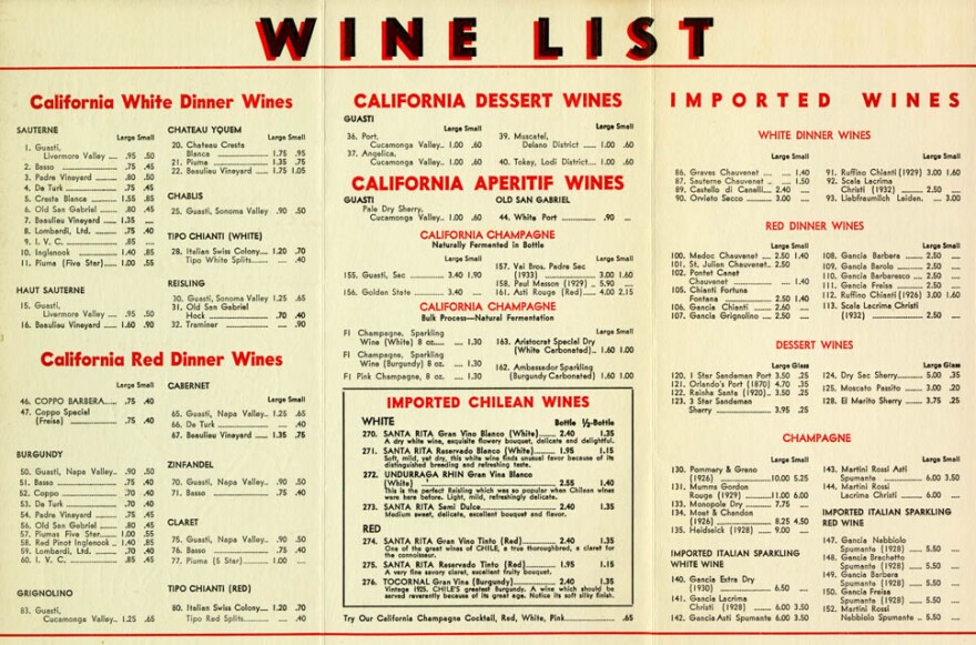 The wine list from Little Joe's Italian Restaurant, which used to be in L.A.'s Chinatown.