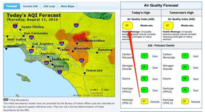 The Air Quality Index always presents the highest number of the bunch at its top. The index takes five different pollutant measurements into account, and rates their make up on a scale of 0 to 500. When wildfires are burning, particle pollutants PM2.5, and particle pollutants PM10 are usually the top air quality concerns. 