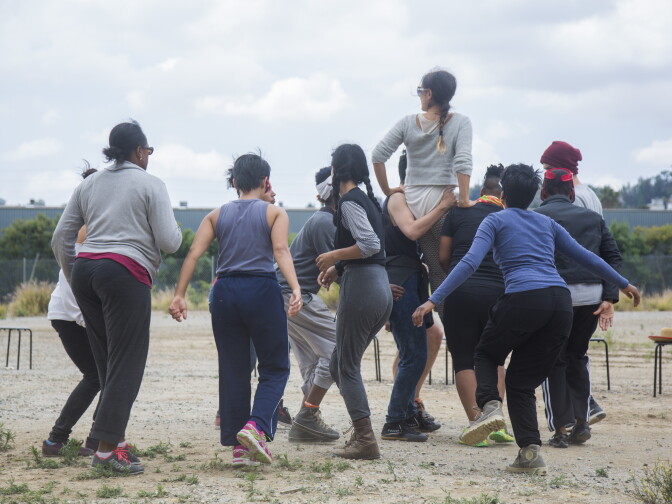 Taisha Paggett's WXPT dance group rehearses 'Evereachmore' along the banks of the L.A. River as part of Clockshop's Bowtie Project. 