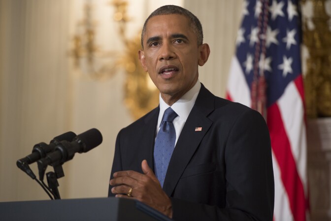 President Barack Obama speaks about the situation in Iraq in the State Dining Room at the White House in Washington, DC, August 7, 2014.