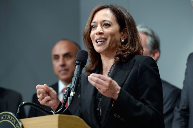LOS ANGELES, CA - MAY 17:  California Attorney General Kamala Harris speaks at a news conference on May 17, 2013 at the Los Angeles Civic Center in Los Angeles, California. Harris hosted a meeting of the state's district attorneys to develop recommendations on reducing gun violance.  (Photo by Kevork Djansezian/Getty Images)