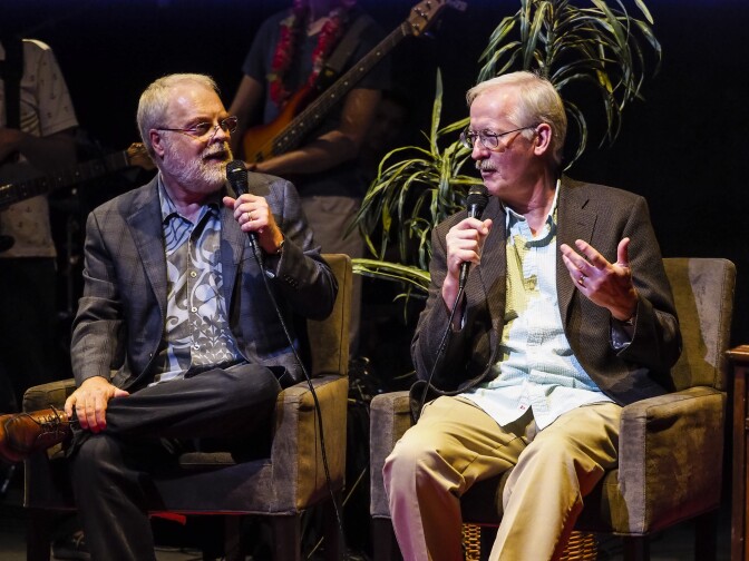 Disney's Ron Clements and John Musker talk during Off-Ramp's 10th Anniversary special at the Los Angeles Theater Center in Downtown LA