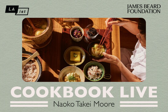 Promotional graphic for "Cookbook Live" featuring Naoko Takei Moore, presented by LAist and the James Beard Foundation. The image shows a top-down view of a person using chopsticks to eat a traditional Japanese meal served in small ceramic bowls on a wooden table, alongside a clay cooking pot.