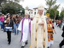 Cardinal Roger Mahony arrives for the annual Blessing of the Animals at El Pueblo Historic Park at Olvera Street on Easter in 2009.