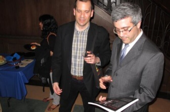 Chon Noriega, director of UCLA Chicano Studies Research Center (left), and Thomas Saenz, president of the Mexican American Legal Defense and Education Fund, at the unveiling of the first book that documents the Latino Theater Initiative’s history, 'Latino Theater Initiative/Center Theater Group Papers 1980 – 2005.'