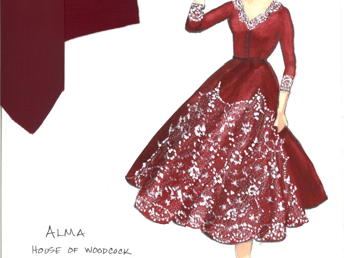 Costume designer Mark Bridges' sketches for The House of Woodcock spring fashion show in "Phantom Thread."
