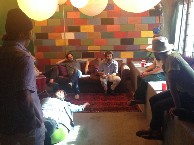 Allah-Las writing the set list in the Amoeba green room moments before they perform