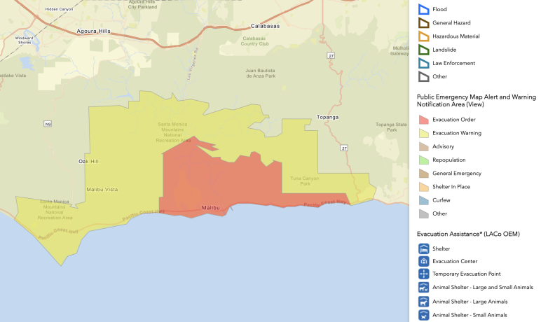 Areas under mandatory evacuation orders are show in red, indication a large area from the ocean inland in Malibu