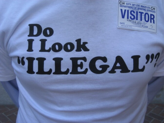 Carl Bergquist, a blond-haired Swedish immigrant, wore this T-shirt to a Los Angeles City Council meeting where the council approved an economic boycott of Arizona.