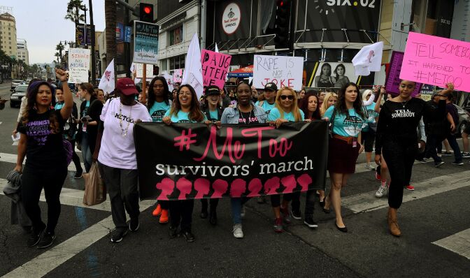 Women who are survivors of sexual harassment, sexual assault, sexual abuse and their supporters protest during a #MeToo march in Hollywood, California on November 12, 2017.
Several hundred women gathered in front of the Dolby Theatre in Hollywood before marching to the CNN building to hold a rally. / AFP PHOTO / Mark RALSTON        (Photo credit should read MARK RALSTON/AFP/Getty Images)