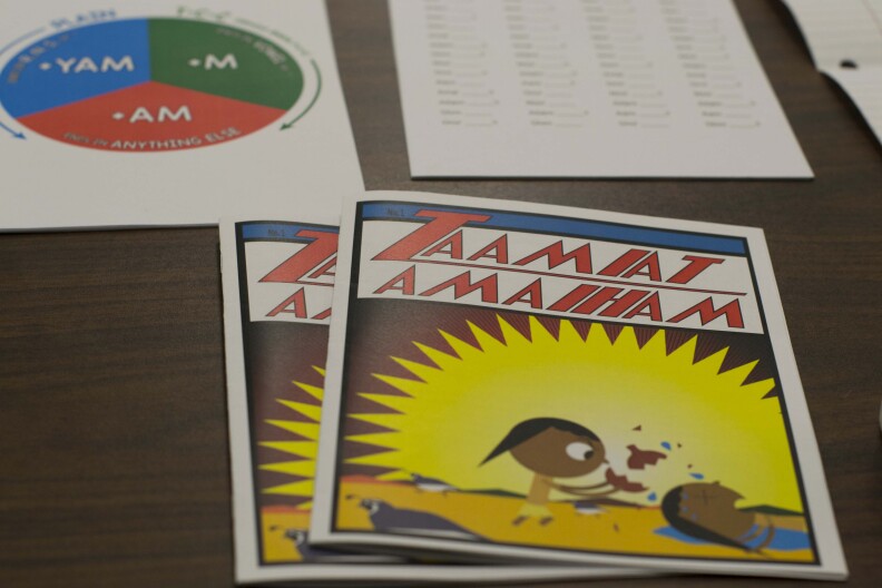 Workbooks and assignments sit out in the Serrano language course at Cal State San Bernardino. Because the language is so rare, the students have no official textbook.