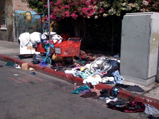 A homeless person's belongings are seen in Downtown Los Angeles.