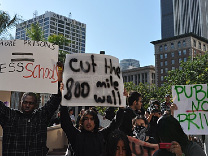 Protesters gather at Pershing Square in downtown Los Angeles. The protest was against budget cuts to California education.