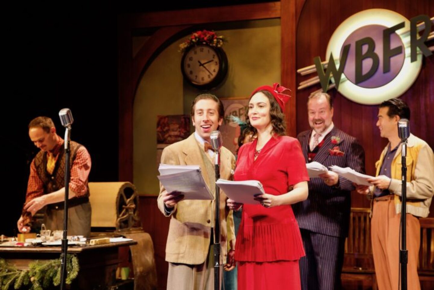 (L-R): Jeff Gardner, Simon Helberg, Rebecca Mozo, Rob Nagle and Ryun Yu in "It’s a Wonderful Life: A Live Radio Play" at the Pasadena Playhouse.