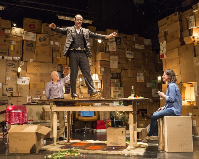 Audience members with Creator/Performer Geoff Sobelle (center) in “The Object Lesson” at the Kirk Douglas Theatre. Under the direction of David Neumann, the West Coast premiere of “The Object Lesson” is presented September 4 through October 4, 2015. For tickets and information, please visit CenterTheatreGroup.org or call (213) 628-2772. 
Contact: CTGMedia@CenterTheatreGroup.org / (213) 972-7376
Photo by Craig Schwartz