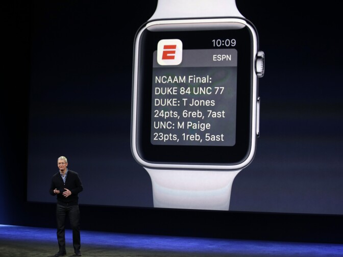 Apple CEO Tim Cook talks about the new Apple Watch during an Apple event on Monday, March 9, 2015, in San Francisco. (AP Photo/Eric Risberg)