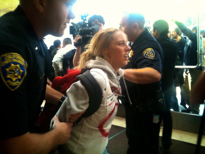  San Diego State student detained after violence mars CSU trustee meeting on Wednesday, Nov. 16, 2011.