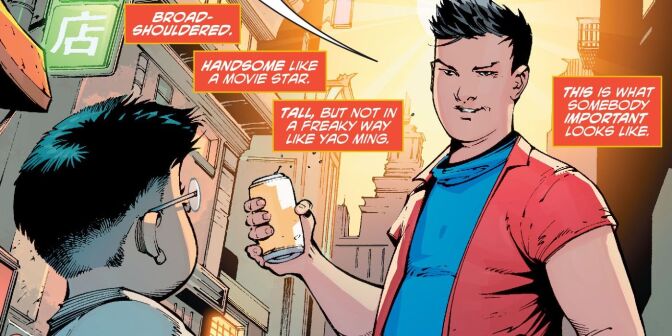 A panel from "New Super-Man #1," showing the chip on Kenan Kong's shoulder.